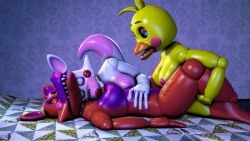 3d 4d 4k accurate_art_style animatronic beak bedroom bedroom_eyes bird bird_girl blue_eyes closed_eyes cuddling disboi215 eyes_open five_nights_at_freddy's five_nights_at_freddy's:_sister_location five_nights_at_freddy's_2 five_nights_at_freddy's_4 fnaf fox fox_ears fox_girl fox_tail hand_on_stomach highres holding_legs lgbt lipstick mangle_(fnaf) no_humans oc pink_body pink_cheeks pink_lipstick pink_nipples purple_body red_body red_cheeks red_lipstick robot rosy_cheeks sex_goddess sfm shiny_body shiny_skin sleeping source_filmmaker threesome toy_chica_(classic) toy_chica_(fnaf) victoria_(oc) watermark white_body yellow_body yuri