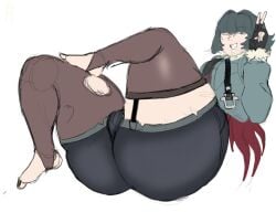 1girls ass ass_focus big_ass black_hair dat_ass gloves green_eyes huge_ass jacket jane_doe_(zenless_zone_zero) peace_sign red_hair shorts stockings thick thick_ass thick_thighs wink zenless_zone_zero