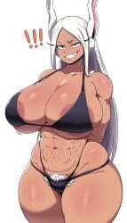 1girls abs areola areola_slip areolae black_bikini bunny_ears bunny_girl dark-skinned_female dark_skin female gigantic_breasts gigantic_thighs grin massive_breasts massive_thighs miruko muscular muscular_female my_hero_academia pubes pubes_exposed randomran red_eyes rumi_usagiyama smile smiling smiling_at_viewer solo solo_female solo_focus white_hair