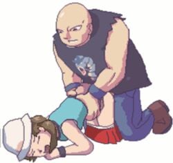 9_6 all_fours animated clothed_sex cueball doggy_style from_behind hat human human_only leaf_(pokemon) midnightspook npc_trainer pixel_art pokemon rape roughneck skirt skirt_pull white_background