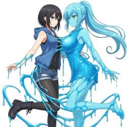 2girls ai_generated black_boots black_hair black_legwear black_shirt blue_eyes blue_hair blue_hoodie breasts cleavage female green_eyes hair human_female large_breasts long medium_breasts nude ponytail short_hair sleeveless_shirt slime slime_girl