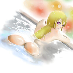 1girls ass back blonde_hair female long_hair looking_at_viewer mario_(series) microsd_(artist) nintendo pixiv_thumbnail princess_peach purple_eyes resized solo water wet