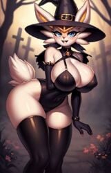 ai_generated anthro big_breasts cinder-ace-burn cinderace female halloween halloween_costume hat pokemon pokemon_(species) stockings witch_hat