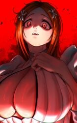 absurdres big_breasts big_breasts bleach breasts bursting_breasts cleavage_cutout clenched_hand clothing_cutout dress from_below hair_ornament hairclip highres huge_breasts inoue_orihime looking_at_viewer orange_hair red_background red_eyes revealing_clothes sagging_breasts tettora white_dress