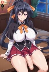 1futa ai_generated akeno_himejima balls big_breasts big_penis black_hair blush clothed cock dickgirl flaccid futa_only futanari high_school_dxd huge_cock indoors large_breasts light-skinned_futanari light_skin long_hair looking_at_viewer penis ponytail precum red_eyes roxygtf sitting smug solo