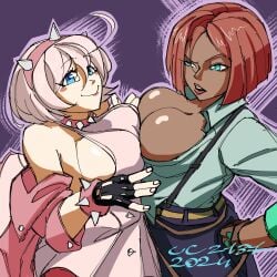 big_breasts blue_eyes blush breasts cc2137 elphelt_valentine giovanna_(guilty_gear) guilty_gear guilty_gear_strive headwear huge_breasts large_breasts open_mouth purple_background red_hair smile symmetrical_docking white_hair