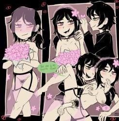 andrew_graves ashley_graves balls bedroom_eyes black_hair blush blush_lines bouquet breast_grab breasts brother_and_sister choker english_text female fingers_in_mouth flower flower_in_hair garter_belt garter_straps green_eyes hair hairy_balls heart_symbol human incest male male/female male_penetrating_female neckwear partially_clothed penetration penis pink_eyes pink_flower plant ponytail pubes pussy siblings smile spec_almond_(artist) speech_bubble the_coffin_of_andy_and_leyley veil