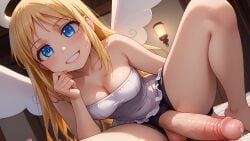 1futa ai_generated angel angel_wings balls bike_shorts blonde_hair blue_eyes blush cleavage crimvael dress full-package_futanari futanari halo happy indoors ishuzoku_reviewers large_penis leaning_forward legs_apart long_hair looking_at_viewer medium_breasts precum shoulderless_dress slim_waist smiling smiling_at_viewer