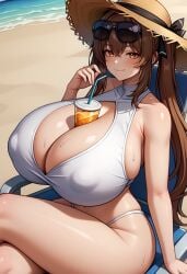 ai_generated alternate_breast_size bangs bare_shoulders beach bikini blush breasts brown_eyes brown_hair cleavage covered_nipples crossed_legs cup cup_between_breasts curvy drinking_straw eyewear_on_head female gigantic_breasts girls'_frontline hair_between_eyes hair_ribbon hat long_hair looking_at_viewer object_between_breasts ribbon self_upload sitting smile straw_hat sunglasses sweat swimsuit takaman_(gaffe)_(style) thighs twintails ump9_(girls'_frontline)