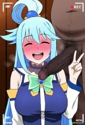 1boy 1boy1girl 1girl ^_^ ai_generated aqua_(konosuba) blue_eyes blue_hair cheating cheating_girlfriend closed_eyes dark-skinned_male drunk fat_man female full_face_blush hairy_male imminent_fellatio imminent_oral indoors interracial kono_subarashii_sekai_ni_shukufuku_wo! large_breasts large_penis netorare open_mouth peace_sign recording room smell smile straight testicles thick_thighs veiny_penis waroffree