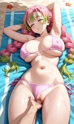 1girls ai_generated armpits arms_up beach big_breasts bikini braided_hair breasts_bigger_than_head closed_eyes curvaceous curvy_female curvy_figure demon_slayer female_focus female_only fingering half-dressed highres hourglass_figure kanroji_mitsuri kimetsu_no_yaiba large_breasts mole_under_eye nipples_visible_through_clothing no_penetration pink_and_green_hair questionable_consent rape relaxing sand sexual_assault sexual_harassment shiny_skin solo solo_focus sweetsavour two_tone_hair wet_pussy