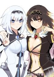 2d 2d_(artwork) 2girls arusu_maria arusu_marina belly belly_button black_hair blue_eyes boob_window breasts breasts_pressed_together breasts_squeezed_together date_a_live date_a_live:_arusu_install exposed_torso light-skinned_female long_hair medium_breasts thighs white_hair yellow_eyes