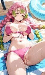 1girls ai_generated beach big_breasts bikini braided_hair breasts_bigger_than_head closed_eyes cum_in_pussy cum_on_breasts curvaceous curvy_female curvy_figure demon_slayer dripping_cum female_focus female_only half-dressed highres hourglass_figure kanroji_mitsuri kimetsu_no_yaiba large_breasts mole_under_eye nipples_visible_through_clothing no_penetration pink_and_green_hair questionable_consent rape relaxing sand sexual_assault sexual_harassment shiny_skin solo solo_focus sweetsavour two_tone_hair wet_pussy