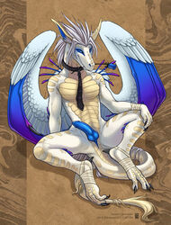 1boy angel azriel balls blue blue_eyes collar dragon feathers hair male male_only necktie nude penis pinup reptile rose scalie shinigamigirl sitting solo tail_tuft white_hair white_scales wings