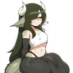 ai_generated big_penis blush dragon_girl futanari green_hair krekk0v_(ai_style) no_sex scalie smile sweatpants tail verimeen