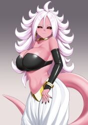 1girl android_21 android_21_(evil) black_nails black_sclera black_tube_top bracelet breasts choker cleavage colored_sclera colored_skin dark_persona dragon_ball dragon_ball_fighterz earrings female female_majin gold_bracelet gold_bracelets gold_choker gold_jewelry harem_pants hi_rontea hoop_earring hoop_earrings jewelry large_breasts looking_at_viewer majin_android_21 nail_polish pants pink_skin pointy_ears red_eyes smile smirk solo strapless tail tube_top white_hair white_pants yellow_choker