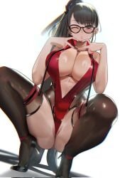 1girls 2d 2d_(artwork) 4-finger_heart_hands absurdres android bare_shoulders black_eyes black_footwear black_hair black_thighhighs blush breasts eve_(stellar_blade) female glasses heart heart_hands high_heels highres large_breasts leotard long_hair midsummer_redhood_(stellar_blade) one_eye_closed parted_lips partially_visible_vulva ponytail red_leotard simple_background solo squatting stellar_blade teddypocky thighhighs thighs white_background wink