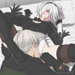 1boy 2b_(nier:automata) 9s_(nier:automata) black_hairband black_thighhighs boots clothing_aside cunnilingus female hairband highres juliet_sleeves leotard leotard_aside long_sleeves mole mole_under_mouth nier:automata nier_(series) no_blindfold oral puffy_sleeves shirl_geem short_hair straight thighhighs thighhighs_under_boots thong_leotard white_hair white_leotard