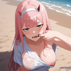 1girls ai_generated artist_logo artist_name beach big_breasts blush blushing bored bored_expression cheek_pull darling_in_the_franxx drool exposed_breast exposed_breasts exposed_shoulders fangs finger_in_mouth green_eyes hairband hi_res horns long_hair mouth_pull nipple_slip nipples nipples_visible_through_clothing oerba_yun_fang pink_hair red_eyeliner red_eyeshadow red_horns saliva sand seductive seductive_look see-through see-through_clothing shadow t-shirt tagme un0rth0 water wet wet_body wet_clothes wet_clothing wet_shirt wet_skin wet_t-shirt white_hairband zero_two_(darling_in_the_franxx)