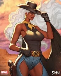 1girls belt brown_gloves chaps closed_eyes cowboy_hat dark-skinned_female david_nakayama denim_clothing earrings gloves halterneck lightning_bolt lips official_art red_lipstick smile solo standing storm_(x-men) western white_hair x-men