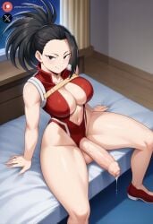 1futa ai_generated balls bedroom big_breasts big_penis black_eyes black_hair blush boku_no_hero_academia clothing cock dickgirl erection foreskin futa_only futanari high-angle_view huge_cock indoors large_breasts light-skinned_futanari light_skin looking_at_viewer momo_yaoyorozu my_hero_academia on_bed penis precum roxygtf short_hair sitting smug solo