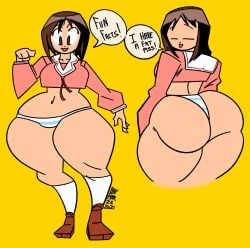 2021 action-coaster_(artist) artist_request ass azumanga_daiou big_ass brown_hair fat_ass female hi_res japanese_school_uniform looking_at_viewer no_skirt orange_background osaka_ayumu_kasuga panties rear_view school_uniform shimapan skirt_removed teapot_(body_type) underwear voluptuous