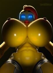 3d abs anthro avian big_breasts bird blue_eyes breasts chicken digital_media_(artwork) female five_nights_at_freddy's five_nights_at_freddy's_2 galliform gallus_(genus) glistening hi_res huge_breasts lips looking_at_viewer lordchica_(artist) low-angle_view metal phasianid pointy_nipples scottgames solo thick_lips toy_chica_(fnaf) toy_chica_(psychojohn2) yellow_body