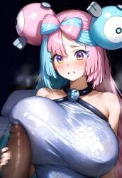 1boy 1girls ai_generated athletic_female big_penis blush censored_penis dark-skinned_male dark_skin game_freak gigantic_breasts hitsuki_sub huge_breasts huge_cock interracial iono_(pokemon) light-skinned_female light_skin long_hair massive_breasts multicolored_hair nintendo oiled_body oiled_skin penis penis_on_breast pokemon pokemon_sv squatting sweat sweatdrop voluptuous voluptuous_female yellow_eyes