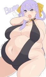 1girls bb_(fate) bb_dubai_(fate) belly_fat big_belly big_breasts blush burping cleavage clothed clothing color duharu fat fat_belly fate/grand_order fate_(series) female female_only long_hair napolitane navel overweight plump purple_eyes purple_hair ribbon thick_thighs weight_gain