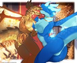 anthro anus areola ass big_breasts blue_body blue_eyes breasts clash_royale dragon duo electro_dragon_(clash_royale) female genitals hi_res horn lava lava_hound_(clash_royale) looking_at_viewer magma mythological_creature mythological_scalie mythology nipples nude pussy quangdoann scalie tail wings