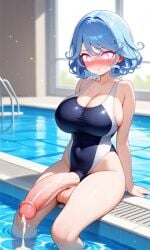 1futa ai_generated blue_hair blush cum flaccid futanari huge_breasts huge_cock pool precum sitting swimsuit zynai