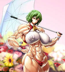 1girls abs breasts clothes erect_nipples extreme_muscles green_hair huge_breasts huge_nipples impossible_clothes large_breasts muscle muscular_female nipples no_humans puffy_nipples purukogi_(plasma_beach) skin_tight team_shanghai_alice tight_clothes tight_shirt touhou umbrella youkai yuka_kazami yuuka_kazami