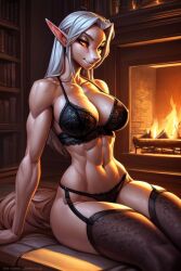 ai_generated black_lingerie cozy curvaceous elf fireplace gold_eyes lingerie