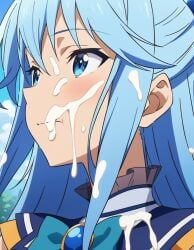 1girls ai_generated aqua_(konosuba) aqua_eyes aqua_hair blue_eyes blue_hair closed_mouth clothed cum cum_on_clothes cum_on_face cum_on_hair female female_only kono_subarashii_sekai_ni_shukufuku_wo! morindar open_eyes