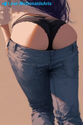 1girl 1girls ai_generated ass ass_focus black_panties blue_pants brown_background close-up clothes_pull commentary_request denim female from_behind genshin_impact jeans long_hair lower_body panties pants pants_pull pulled_by_self purple_hair raiden_shogun shirt solo thong underwear white_shirt zelanell