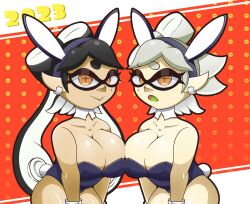 2023 2girls anemonemisc breasts bunny_day callie_(splatoon) cleavage closed_mouth detached_collar green_tongue inkling inkling_girl large_breasts long_hair looking_at_viewer marie_(splatoon) mole mole_under_eye multiple_girls nintendo open_mouth playboy_bunny pointy_ears rabbit_girl splatoon squid_sisters tentacle tentacle_hair tongue