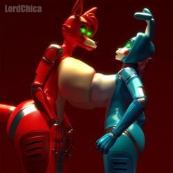 1:1 3d_(artwork) animatronic anthro blue_body breast_squish breasts breasts_frottage canid canine cheek_dots digital_media_(artwork) duo eye_contact female female/female five_nights_at_freddy's five_nights_at_freddy's_2 fox foxy_(fnaf) foxy_(psychojohn2) glistening glistening_body glowing glowing_eyes green_eyes hi_res lagomorph leporid living_machine looking_at_another lordchica_(artist) machine mammal metal rabbit red_background red_body robot robotic_arm scottgames simple_background size_difference squish synthetic toy_bonnie_(fnaf) toy_bonnie_(psychojohn2)