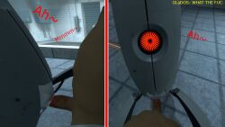 cock dick from_front_position glados penis portal portal_(series) portal_2 red_eye robot robot_girl sentry sentry_turret test text turret turret_(portal) vagina