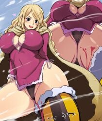 big_breasts blonde_hair cameltoe female gerd_(one_piece) giant_woman giantess kuchiparubi legs_apart legs_spread male one_piece open_mouth panties puffy_pussy pussy_peek solo solo_female solo_focus thick_legs thick_thighs