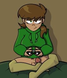brown_hair eddsworld ell_(eddsworld) ellsworld erection eyebags futa_only futanari half_naked heterochromia hoodie irritated penis precum thighs