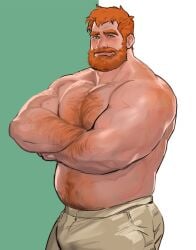 1boy bara barazoku bearded blush crossed_arms dopq erection_under_clothes ginger_hair human muscular_male red_hair shirtless_male