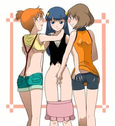 3girls alternate_costume ass ass_cleavage ass_grab bike_shorts blue_eyes blue_hair breasts brown_hair butt_crack clothes dawn_(pokemon) denim denim_shorts female female_only gif group_sex gym_leader hands_under_clothes high_resolution human human_only impossible_clothes kakki_(pixiv4742) kakkii kasumi_(pokemon) latex long_blue_hair long_hair may_(pokemon) may_(pokemon_emerald) midnightspook midriff multiple_girls navel nintendo no_bandana orange_hair pokemon pokemon_(anime) ponytail shaved_pussy shirt_lift short_brown_hair short_hair short_orange_hair shorts side_ponytail skirt skirt_pull spandex static_gif suspenders thigh_gap threesome tied_hair underboob yuri