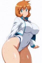 ai_generated bangs blush breasts cameltoe closed_mouth clothing competition_swimsuit covered_navel curvaceous female female female_only green_eyes gym_leader highleg highleg_swimsuit huge_breasts jacket kasumi_(pokemon) kasumi_(pokemon) large_breasts legs long_sleeves looking_at_viewer misty_(pokemon_hgss) navel one-piece_swimsuit open_clothes open_jacket orange_hair pokemon pokemon_character pokemon_gsc pokemon_hgss shiny_hair shiny_skin shirt short_hair smile solo standing swimsuit tank_suit thick_thighs thighs wet white_jacket white_one-piece_swimsuit white_swimsuit wide_hips