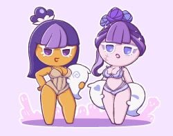 big_breasts blackberry_cookie bride cookie_run cookie_run_tower_of_adventure cookies curvy curvy_figure devsisters eyelashes ghost ghost_tail heart-shaped_pupils lingerie looking_at_viewer purple_eyes purple_hair soff_doll tagme text thick_thighs