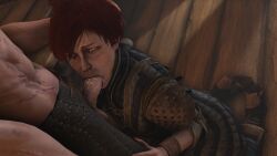 1boy 1girls 3d balls blowjob brown_hair cd_projekt_red deep_blowjob dinoboy555 eye_contact fellatio female gag gagging geralt_of_rivia ginger hand_on_head hands-free kneeling looking_at_partner looking_up on_knees oral pale-skinned_female penis red_hair saliva saliva_trail scar short_hair skinny tamara_strenger temeria the_witcher_(series) the_witcher_3:_wild_hunt worried yellow_eyes