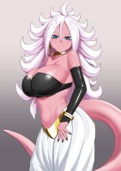 1girl 1girls android_21 android_21_(good) black_nails black_tube_top bracelet breasts choker cleavage colored_skin crop_top dragon_ball dragon_ball_fighterz earrings female female_majin gold_bracelet gold_bracelets gold_choker gold_jewelry harem_pants hi_rontea hoop_earring hoop_earrings jewelry large_breasts light_persona majin_android_21 nail_polish pants pink_skin pointy_ears smile solo strapless tail tube_top white_hair white_pants yellow_choker