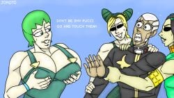 1boy 3girls big_breasts dark_skin enrico_pucci ermes_costello foo_fighters fully_clothed jojo's_bizarre_adventure jolyne_kujo smile stone_ocean sweat text touching_breast