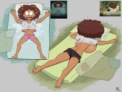 1girls amphibia anne_boonchuy ass black_shorts brown_hair cameltoe dark-skinned_female dark_skin disney disney_channel leaves_in_hair mattress nipple_peek on_stomach pink_shorts redlewd17 screencap_redraw shirt shorts sweat sweaty_clothes thai thai_female top_heavy underboob wide_eyed