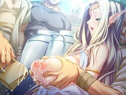 breast_grab breasts celestine_lucross cup elf erect_nipples game_cg green_eyes hikage_eiji kuroinu_~kedakaki_seijo_wa_hakudaku_ni_somaru~ lactating_in_cup lactation liquid_(artist) liquid_(company) long_hair milking nipples open_mouth pointy_ears public