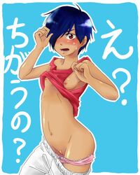 artist_request ass blue_background blue_hair blush breasts dark-skinned_female dark_skin female hair_over_one_eyes hbncat ikezawa_kazuma kazuma_ikezawa navel nipples open_mouth panties partially_translated pink_panties pussy red_eyes ribbon rule_63 shaved_pussy shirt short_hair simple_background small_breasts solo standing summer_wars sweat teeth text translation_request uncensored underwear